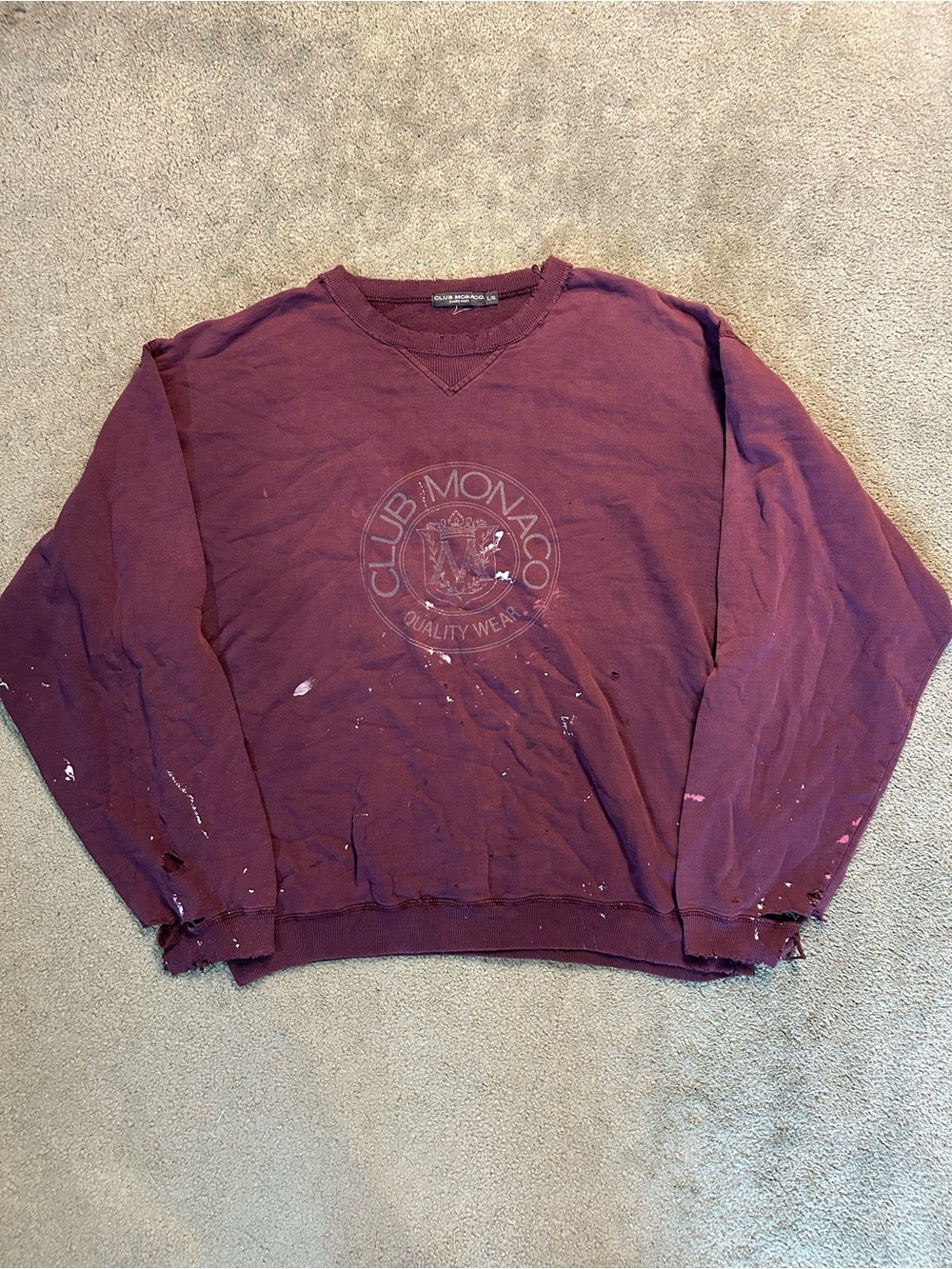 Vintage 90s Club Monaco Crest Logo Crewneck Sweater Burgundy Distress Size Large